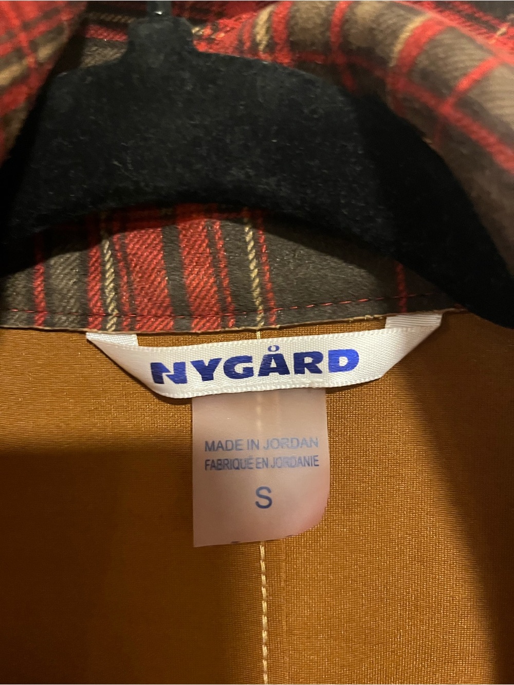 Nygard Red Plaid Trench Coat with Contrast Camel Collar - Picture 6 of 7